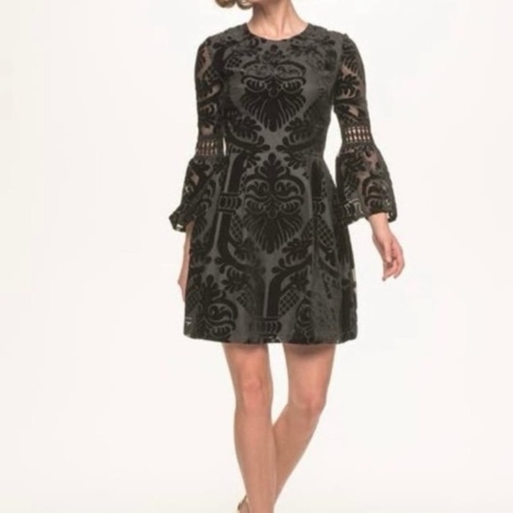 Eliza J Burnout Velvet Fit and Flare Mini Dress Bell Sleeves Dark Romance Sz 4 - Picture 3 of 16